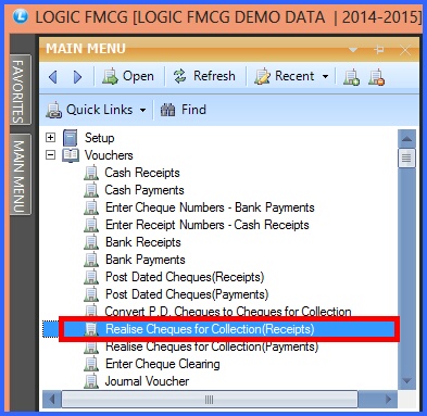 fmcg realise cheques for collection receipts menu